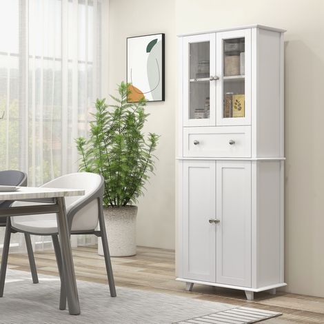 Alacena de Cocina Despensa Armario de Cocina con 2 Puertas de Vidrio Templado Cajón 61x35x168,5 cm Blanco (1/5)