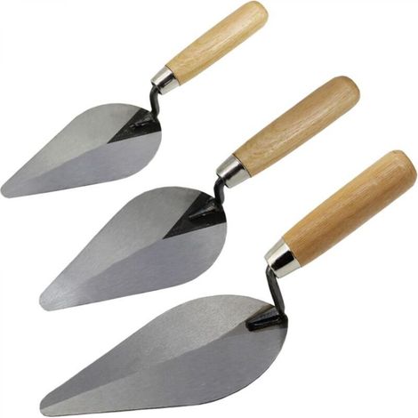 Set of 3 brick shovels with wooden handles, hand tool set for bricks, blocks, stones and masonry (1/5)