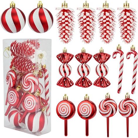 Set di decorazioni natalizie, 15 pezzi, in plastica, a forma di pigne e bastoncini di zucchero, con ciondoli a forma di lecca-lecca e cordino rosso. (1/4)