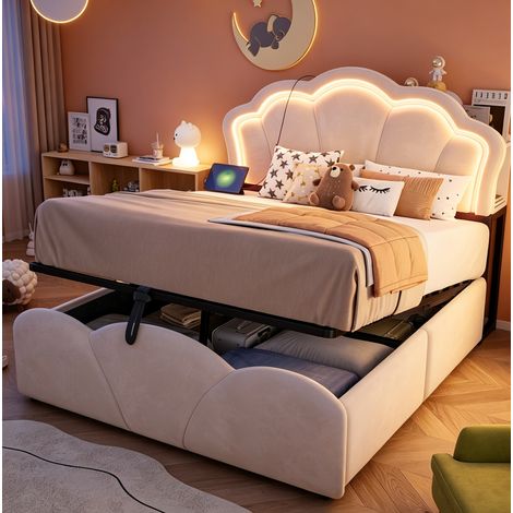 Cama con canapé 140x200 cm de terciopelo beige con LED, enchufes y almacenamiento HAVRYA (1/5)