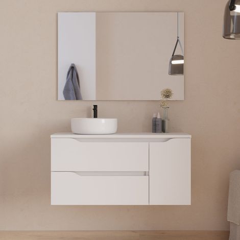 Meuble de salle de bain 100cm avec plateau, vasque à poser déportée à gauche Ares et miroir - 2 tiroirs et un placard - blanc - ZARZA