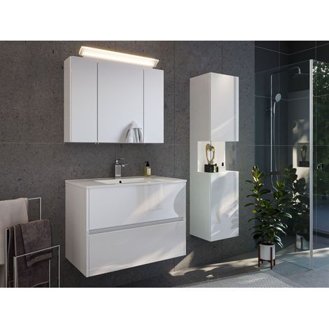 Badmöbelset Taifun 80cm 3tlg mit Spiegelschrank und Seitenschrank weiß Hgl