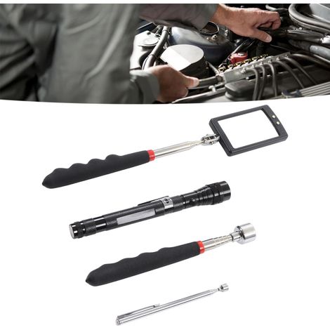 Kit d'outils de ramassage télescopique magnétique en 4 pièces, miroir d'inspection carré rotatif à 360 degrés et réglable, perches de ramassage de 20 lb et 1,5 lb et lampe torche LED télescopique flex (1/5)