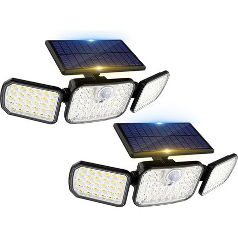Lampe de sécurité solaire Extérieur avec Télécommande, 2 pièces projecteur mural étanche à énergie solaire avec détecteur de mouvement PIR, 3 têtes, étanche IP65, 3 modes (1/5)