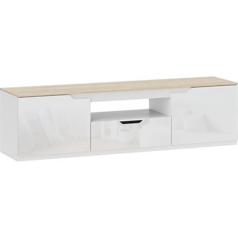 Mobile TV 160x38x43 cm per TV fino a 65 pollici, 2 scomparti, cassetto e gestione cavi, MDF naturale (1/5)