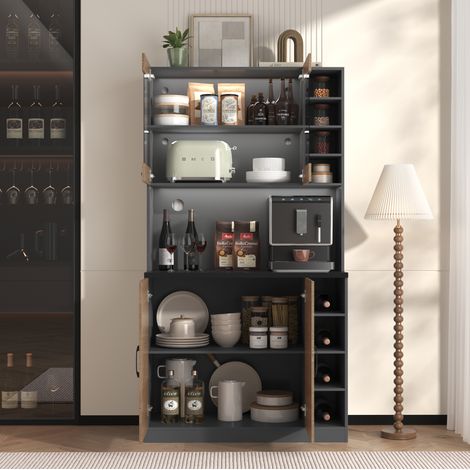 MEUBLIV Buffet de cuisine 100x47x187 cm gris et naturel – LED, niche micro-ondes (1/5)