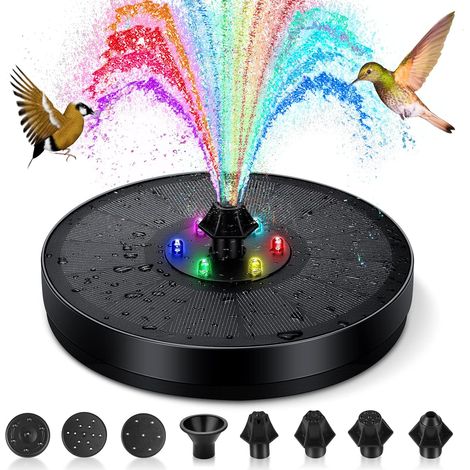 Fuente solar flotante para exteriores, bomba solar para estanque de 3 W con batería, luces LED de colores y 7 boquillas, para jardín, bebedero de pájaros, piscina, estanque o pila. (1/5)