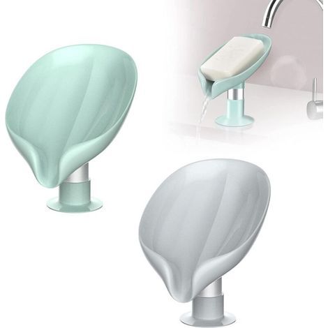 pair 2 Pièces Porte Savon, Boîte à Savon pour Salle de Bains Douche, Porte-Savon à Ventouse, Porte-Savons en Forme de Feuille pour Salle de Bain et Cuisine (Vert et Gris)-Fei Yu