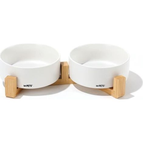 Ciotole in ceramica con supporto in bambù 2x350 ml - Mpets - OPERA - Bianco (1/2)