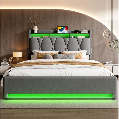 Lit coffre 160x200 cm en velours gris foncé avec LED, tête de lit rangement et ports USB/Type-C, sommier à lattes (1/5)