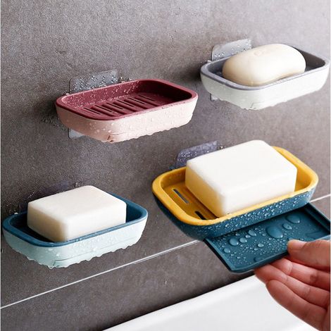 QAZQA Porte-Savon avec Drain,4PCS Porte-Savon Gardez Le Savon au Sec, pour la Cuisine, la Salle de Bain et la Salle de Douche,Plateau À Savon Adhésif Mural -Pas De Clou Pas De Perçage