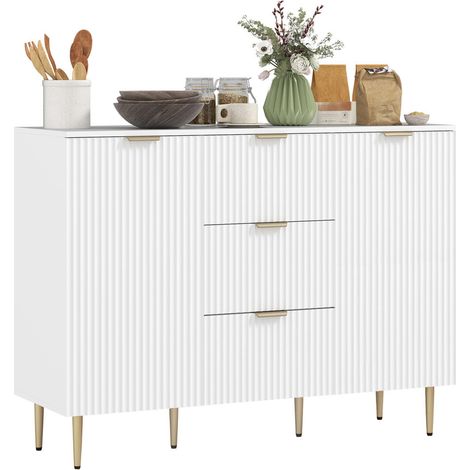 Buffet moderne blanc en bois et métal, rangement avec 3 tiroirs et étagères réglables, pour cuisine ou salon (1/5)
