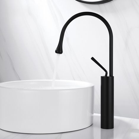 Mitigeur lavabo noir 48cm – cartouche céramique, laiton chromé, Forme goutte, robinet à levier avec tuyau 60cm (1/5)