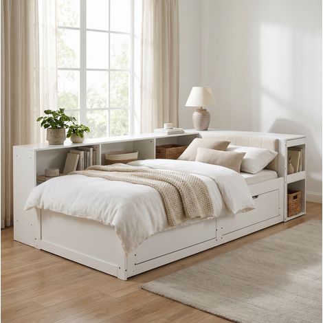 Lit extensible avec bureau, sommier à lattes et 2 tiroirs 90x200-180x200 cm bois d'ingénierie blanc mat