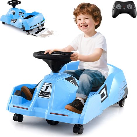 Costway – Kart de nettoyage électrique pour enfants – Voiture de course 12V avec balai amovible, télécommande 3 vitesses, klaxon, musique – Bleu (1/5)