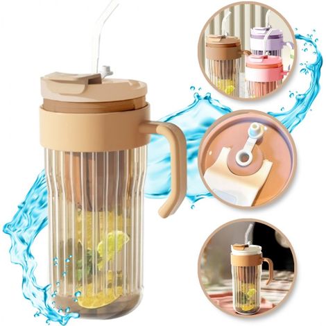 Mug en verre rainuré ECARLA avec passoire et paille, 550 ml, marron, référence CUP12BR (1/4)