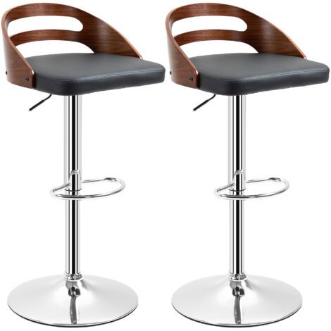 Tabourets de bar, design moderne, réglables en hauteur, pivotants à 360°, revêtement synthétique noir, dossier ouvert, finition bois,Lot de 2 (1/5)