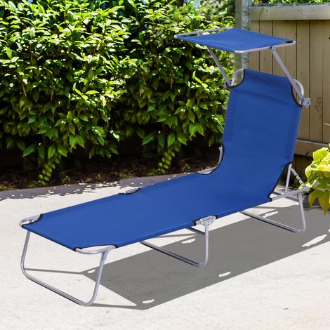 Transat Bain de Soleil Pliable Chaise Longue Pliante Grand Confort Dossier Inclinable Multi-positions et Pare-Soleil réglable Dim. 187L x 58l x 36H cm Bleu