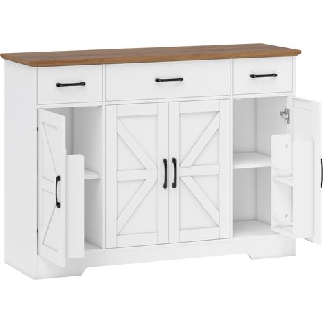 Credenza da Cucina Stile Rustico 120x38x87 cm con Ante Soft-Close 3 Cassetti 3 Ripiani Regolabili Portaspezie in MDF Bianco (1/5)