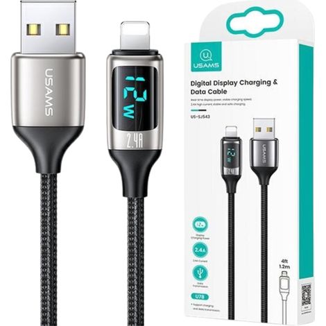 Cable trenzado Usams U78 Lightning 1,2 m LED 2,4 A Carga rápida plateado negro SJ543USB02 (US-SJ543) (1/5)
