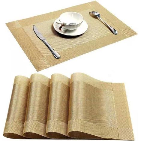 Tischset 45x30 cm aus waschbarem PVC, hitzebeständige Platzdeckchen für das Esszimmer, aus goldgewebtem Vinyl.