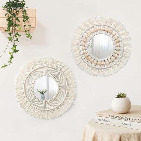 Miroir Murale Macramé - Diamètre 36 cm - Style Bohème - Pour Salon Chambre Appartement - Lot de 2 (1/5)