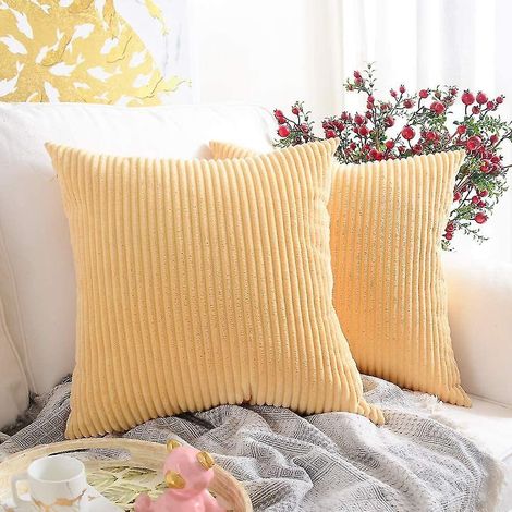 Ensemble de 2 coussins et housses de coussins rayés jaune clair, housse de coussin carrée décorative en velours côtelé doux, taie d'oreiller, décoration intérieure (1/5)