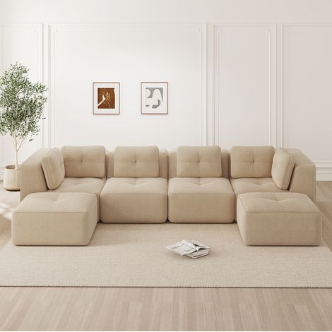 Canapé d’angle modulaire en velours côtelé beige, sans montage, configuration L ou U (1/5)