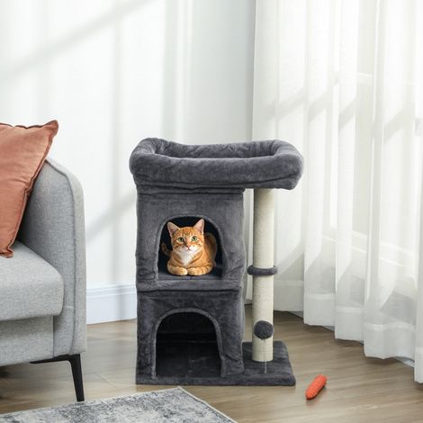 Katzenbaum, Spielturm, Plattform, 2 Verstecke und Sisal-Kratzball, 45 x 40 x 66 cm, dunkelgrau