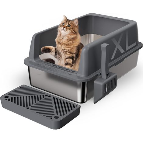 XL Stainless Steel Cat Litter Tray 35L, Large Capacity Leak-Proof with High Edges, Reduces Odours, Easy to Clean with Scoop and Pedal, for Kittens, Big and Large Cats, 58 x 38 x 26 cm (1/5)