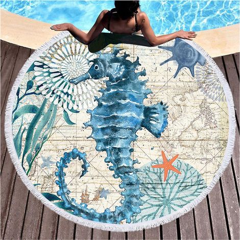 Couverture de plage d'extérieur, serviette, grand tapis rond imprimé vie marine avec pompons3 (1/5)
