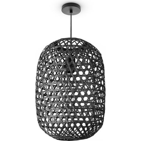 Paco Home Luminaria Suspensión Bambú Comedor Cesto Colgante Papel Fibra Veg. Bohemia E27 Negro (Ø30cm), Lámpara colgante - Tipo 1