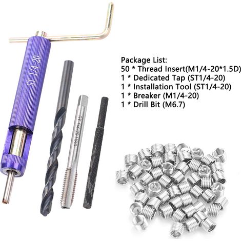 50 inserts filetés en acier impérial, filetage 1/4-20UNC1,5D + outils correspondants (1/5)