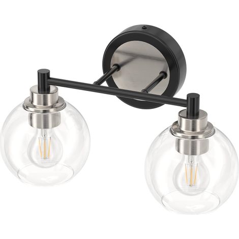 Applique murale moderne 2 lumières, abat-jour en verre transparent, pour miroir, chambre, coiffeuse, noir et argent, sans ampoule (1/5)