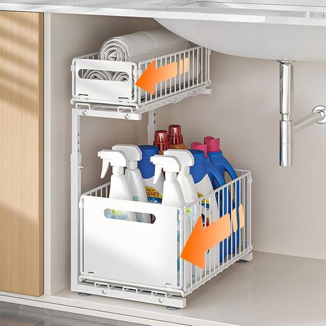 Set of 1 2 Tier Under Sink Storage Unit Metal White Space Rack Slider Organizer for Kitchen and Bathroom Space Saving Adjustable Height HABITELLO (1/5)