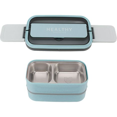 Boîte à bento double couche compartimentée acier inoxydable 316, boîte repas portable 1400ml avec couverts pour travail école bureau, bleu ciel (1/5)