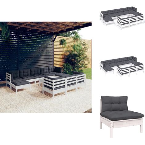 11-tlg. Garten-Lounge-Set mit Kissen Weiß Kiefer Massivholz - Gartensessel - Lounge Set - Gartenmöbeln - Outdoor Möbel - Rattan Sessel (1/5)