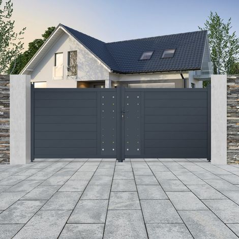 Portail battant aluminium 350x142 cm motifs géométriques anthracite (1/5)