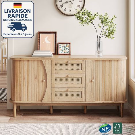 Cómoda - aparador - ratán - Cómoda con puertas correderas, estantes regulables - Tratamiento de cantos arqueados - Color madera (1/5)