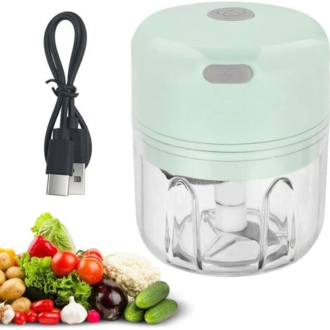 Hachoir Électrique 250 ml, Mixeur Hachoir Rechargeable USB, Portable Mini Coupe Legumes avec 3 Lames en Acier Inoxydable pour Oignon, Ail, Viande, Légumes et Les Fruits (Vert) (1/4)