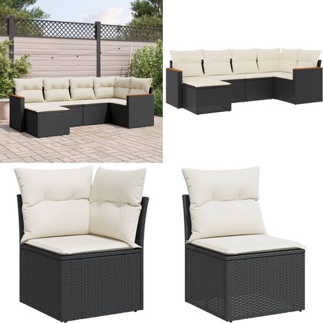 Salon de jardin 6 pcs avec coussins noir résine tressée - Ensemble Salon De Jardin - Mobilier De Jardin - Salon Extérieur - Canapé Jardin - Chaise Lounge - Home & Living (1/5)
