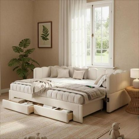 Lit enfant 90x200 cm avec 2 tiroirs de rangement, canapé-lit convertible en 180 cm avec port USB, lin beige (1/5)