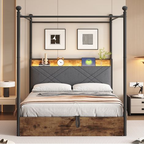 Letto matrimoniale 140x190 cm in metallo nero con contenitore per camera, senza materasso - FLORAGRACE (1/5)