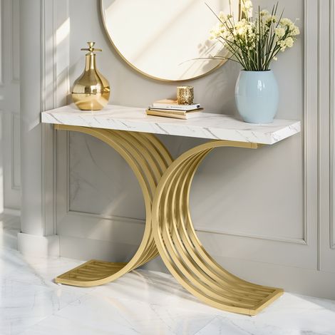Konsolenmöbel, 100 × 30 × 80 cm Beistelltisch, Weißer Konsolentisch, für Flur, Eingangsbereich, Wohnzimmer (Weiß und Gold)