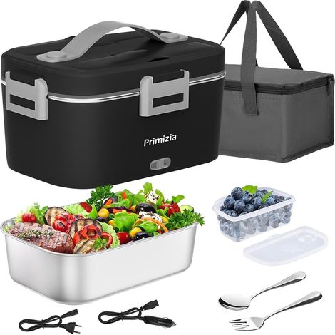 Gamelle Chauffante 1.8L(75W/12V/24V/220V), Boite Isotherme Repas Chaud Portable, Lunch Box Chauffante Électrique puro Bureau et Voiture,Noir (1/5)