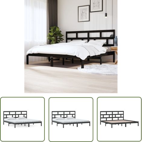 The Living Store Cadre de lit sans matelas Noir Bois de pin massif 200x200 cm - Cadre De Lit - Lit Double - Bois Massif - Lit Design - Literie (1/5)