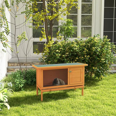 Pawhut Clapier sur pied cage à lapin avec toit ouvrant porte verrouillable tiroir à déjection coulissant bois de sapin traité dim. 90L x 45l x 65H cm bois naturel et vert