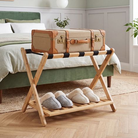 Porte-bagages pliant en bambou naturel avec sangles et étagère de rangement pour chambre d'amis, chambre et hôtel (1/5)
