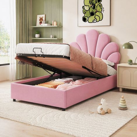Letto singolo 90x200 cm con contenitore idraulico, rosa, velluto, senza materasso FloraGrace (1/5)