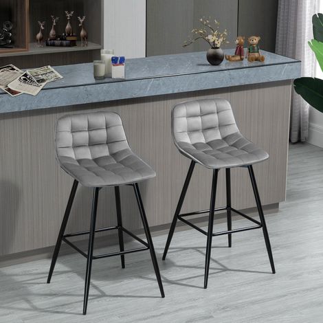 Set aus 2 hohen Hockern im nordischen Stil mit Rücken- und Fußstütze, Hocker mit Rückenlehne aus samtartigem Stoff und Metall, 45 x 47 x 88 cm, Grau